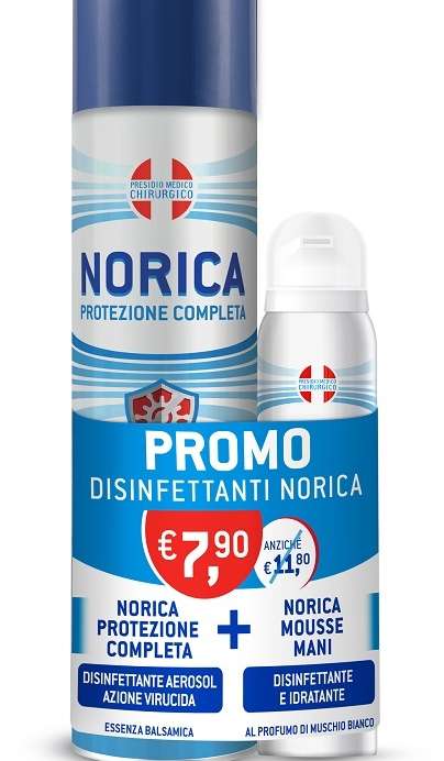 NORICA PROTEZIONE COMPLETA DISINFETTANTE AEROSOLO AZIONE VIRUCIDA ESSENZA BALSAMICA 300 ML + MOUSSE MANI DISINFETTANTE EIDRATANTE MUSCHIO BIANCO