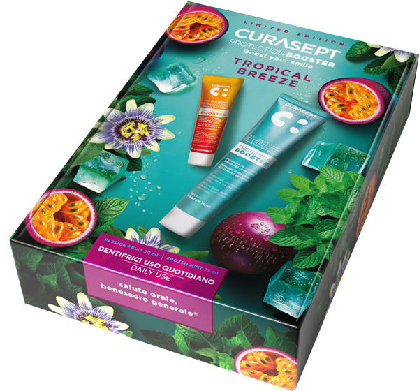 CURASEPT COFANETTO TROPICAL BREEZE PROTECTION BOOSTER 1 FROZEN MINT DENTIFRICIO 75 ML + 1 DENTIFRICIO PASSION FRUIT 20 ML CURASEPT COFANETTO TROPICAL BREEZE PROTECTION BOOSTER 1 FROZEN MINT DENTIFRICIO 75 ML + 1 DENTIFRICIO PASSION FRUIT 20 ML